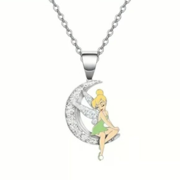 Tinkerbell Disney Moon Cubic Zirconia Studded Pendant Necklace New - Picture 1 of 5